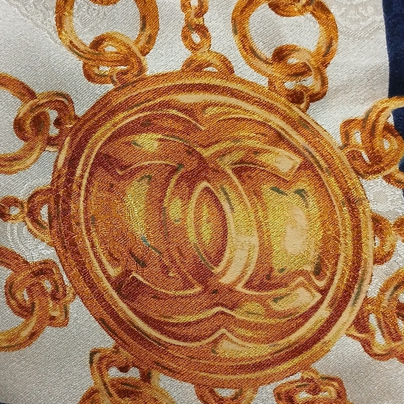 Authentic CHANEL Navy/White Coco Mark Gold Chain Pattern Silk Scarf - Picture 12 of 15